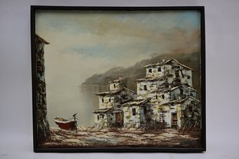 Signed Oil On Canvas Of Building & Boat Bay Coltvel