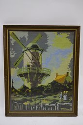 Wood Framed Needlepiint Of People & Windmill