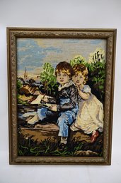 Wood Framed Needlepoint Of Boy & Girl