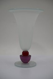 Beautiful Frosted Glass Vase With Red/pink Ball On Bottom