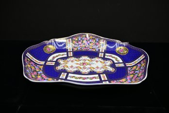 Gold Gift Limoges France Serving Tray With Vibrant Blues & Floral Motif