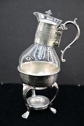 Vintage Glass Coffee Pot / Carafe With Silver Plate Band And Warmer Raised On 3 Feet
