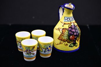 Lovely Ceramic Carafe With 4 Cups - Hand Painted With Wine Grape Motif - Signed To Underside