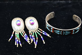Beautiful Native American / Navajo Sterling Bracelet & Earrings *bracelet Not Marked*