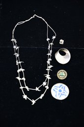 Grouping Of Sterling Silver Jewelry-Includes A 'Sea Creature' Necklace, A 'Chai' Charm & 3 Brooches, 5 PCS.