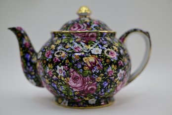 Beautiful Gold Gift Limoges France Black Teapot With Floral Motif