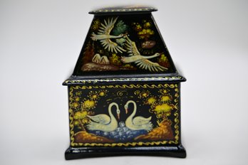 Lovely Lidded & Hand Painted Black Lacquer Russian Box With Swan Design - Signed To Underside