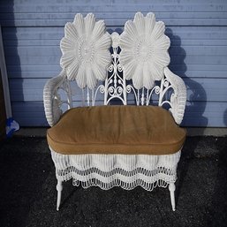 White Wicker Bench With Cushion, Floral Shaped Back