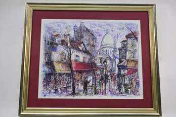 Lovely Signed Lithograph Or Water Color On Paper Depicting A Parisian Street Scene / Montmartre