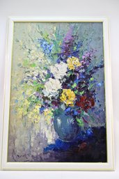 Lovely Vintage Framed Oil On Canvas Floral Still Life In Vibrant Colors - Signed Lower Left