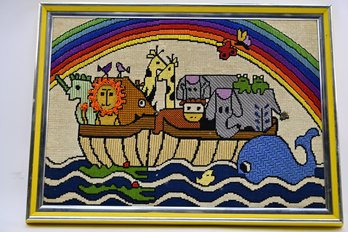 Whimsical And Vibrant Vintage Wood Framed Needlepoint Of Noah's Ark
