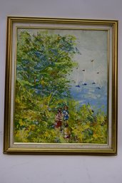 Lovely Framed Oil On Canvas Depicting Children On Shoreline Watching Sailboats - Signed Lower Left