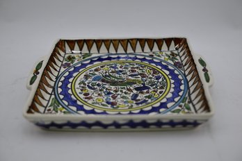 Lovely Ceramic Tray With Hand Painted Peacock & Floral Motif In Vibrant Colors