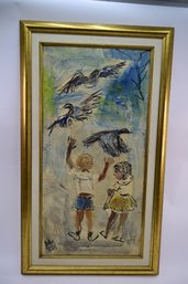 Lovely Framed Oil On Canvas Depicting Two Children With Birds Flying Above - Signed Lower Left