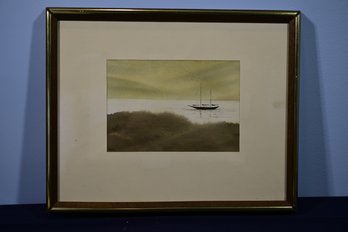 Vtg Framed Seascape Signed Watercolor Of Boat Scene By BFrench