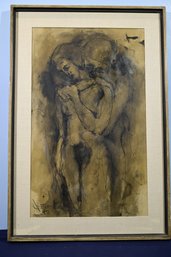 MCM Style Framed Signed Drawingpainting Of Man Holding Woman 1970