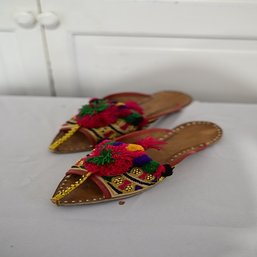 Arabesque Embroidered Slippers, Size 4-XS, Leather Soles