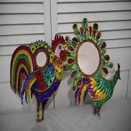 Pair Of Colorful Mirrors, Peacock & Rooster