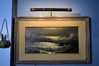 Framed Antique Painting Seascape Waves Crashing Oil Painting Signed Brightwell Wood Frame With Light Attached