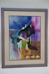 Large Signed Watercolor Wooden Framed 'buffalo Spirits With Two Eagle Feathers' By Kathleen Martinez
