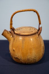 Glazed Teapot With Rattan Handle And Lid * Signed On Bottom*