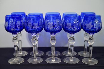 Set Of 10 Cobalt Blue Glasses, Crystal Wine Glass Grapes Design