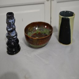 Lot Of 3 Ceramic Glazed Art Pottery, 1 Signed On Bottom