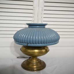 Working Vintage Metal Hurricane Lamp With Blue Shade