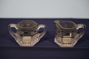 Glass Sugar And Creamer With Metal Trim