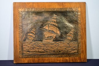 Copper Art Of 3 Caravels On Wood Frame