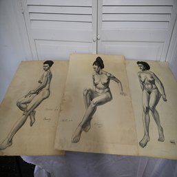 Lot Of 3 Drawings Of Woman Posing, Signed