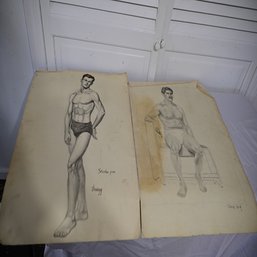 Lot Of 2 Drawings Of Men Posing, Signed