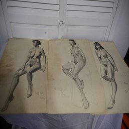 Lot Of 3 Drawings Of Women Posing, Signed
