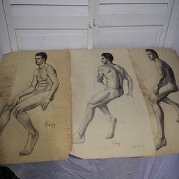 Lot Of 3 Drawings Of Men Posing, All Signed