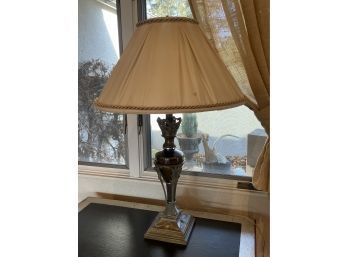 ANTIQUE CARNIVAL GLASS LAMP WITH METAL WRAPPING, 29IN HEIGHT