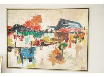 MID CENTURY FRAMED VINTAGE ABSTRACT OIL ON CANVAS PAINTING! SIGNED SCHROCK 1960 40X29 INCHES