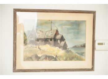 WATERCOLOR PAINTING FRAMED OF COUNTRY STYLE HOME WITH GLASS FRAME!! 28.5X21.5 INCHES