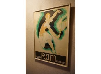 FRAMED VINTAGE 'RAQUETTE RAM A LA VOGUE' POSTER, SIGNED BY RENE VINCENT  28X40 INCHES