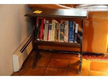 WOOD SIDE TABLE WITH BOOK STORAGE WITH BOOKS