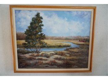 FRAMED LANDSCAPE PAINTING OIL ON CANVAS VINTAGE SIGNED BY BERRICE MCKAY, 33X27 INCHES