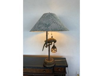 ANTIQUE BRAS METAL LAMP WITH BIRD FIGURINE, WORKING, 31IN HEIGHT 3 LIGHTS