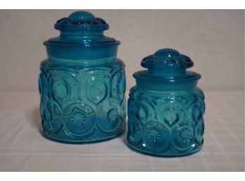 BLUE DEPRESSION GLASS JARS WITH LIDS