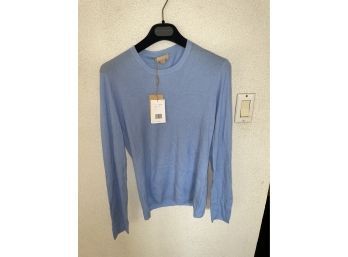 NEW WITH TAGS, MICHAEL KORS COLLECTION BLUE LONG-SLEEVE SHIRT, SIZE L RETAIL  $595  CHECK PHOTOS TINY HOLE!