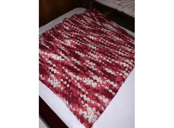 VINTAGE HAND KNITTED RED,PINK AND WHITE BLANKET, 23X99 INCHES