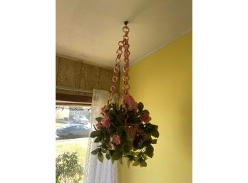 BEAUTIFUL VINTAGE PINK COLOR WICKER HANGING PLANTER WITH FAKE FLOWERS,  28IN LENGTH