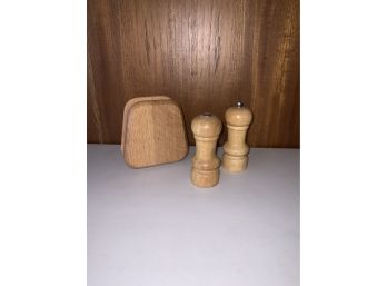 WOOD NAPKIN HOLDER WITH SALT AND PEPPER SHAKERS