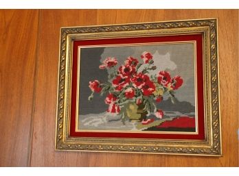 FRAMED NEEDLE POINT OF FLOWERS WITH WOOD FRAME,  21X17.5 INCHES