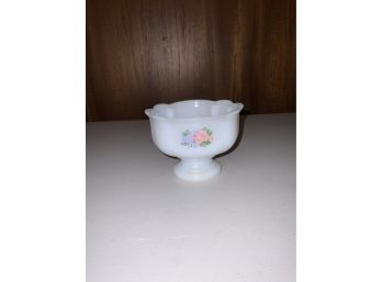 SMALL MILK GLASS PEDESTAL BOWL WITH FLOWER DESIGN