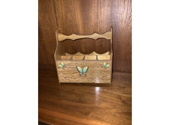 VINTAGE SMALL WOOD MAGAZINE BASKET WITH BUTTERFLY DESIGN