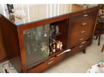 MID-CENTURY BUFFET CABINET WITH 4 DRAWERS AND 2 SLIDE GLASS DOOR